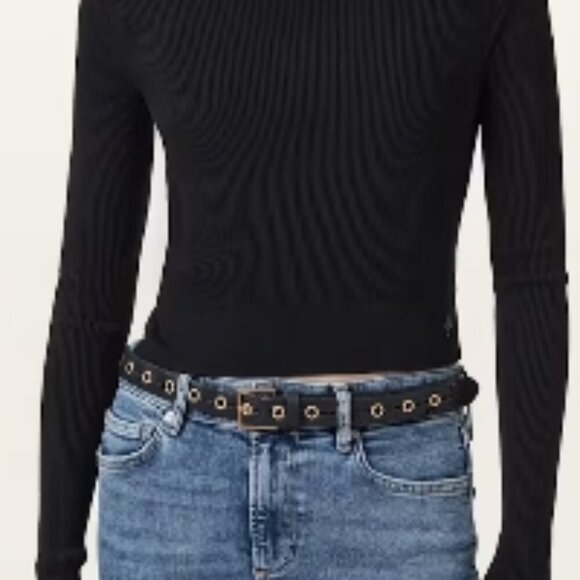AllSaints Alice Eyelet Woven Leather Belt – Black/Warm Brass – Size S/M – NWT